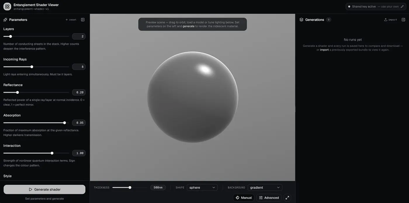 The Entanglement Shader in Atlas, with sliders for layers, rays, reflectance, absorption and interaction.