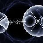 Two glassy spheres marked with spin arrows connected by a wave on a dark field