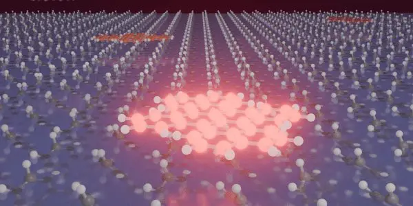 This computer-generated representation depicts a graphene lattice on a surface with atoms, showcasing quantum effects.