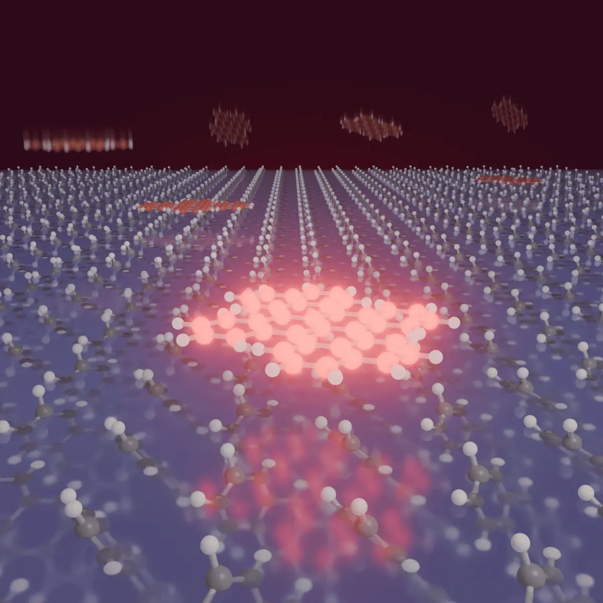 This computer-generated representation depicts a graphene lattice on a surface with atoms, showcasing quantum effects.