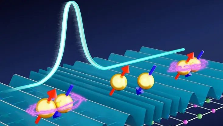 Mpsd Researchers Map Nearly 9,000 Atomically Thin Structures. The scientific illustration shows the Cooper pairs as yellow balls held in a pink cloud and seperated bowls, on top of w