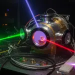 A complex metallic apparatus glows with vibrant green, red, and purple laser beams in a darkened laboratory setting.