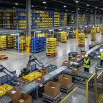 A robot arm picking boxes beside a warehouse conveyor
