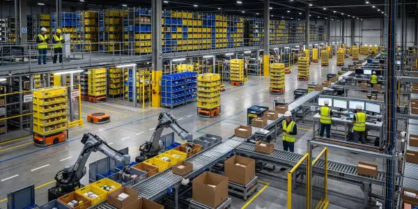 A robot arm picking boxes beside a warehouse conveyor