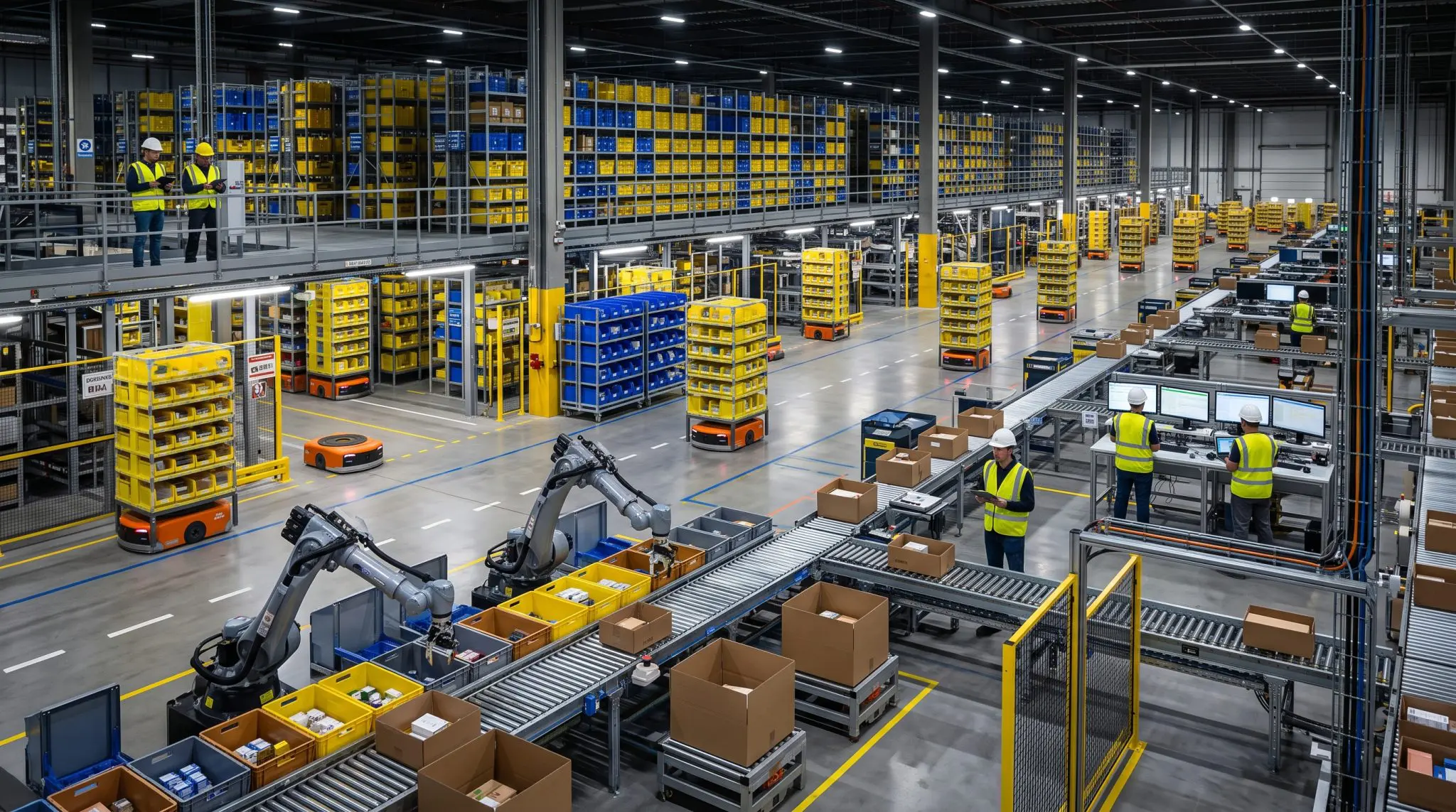 A robot arm picking boxes beside a warehouse conveyor