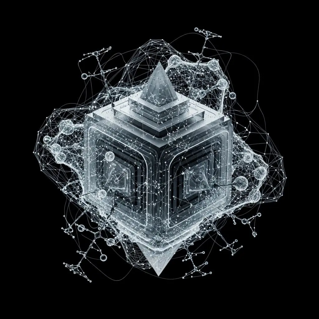 Abstract multidimensional data structure floating in deep black space, layered geometric shapes and branching graphs interwoven in three dimensions, neural network mesh wrapping around and integrating with the structure, glowing connections adapting dynamically across irregular forms