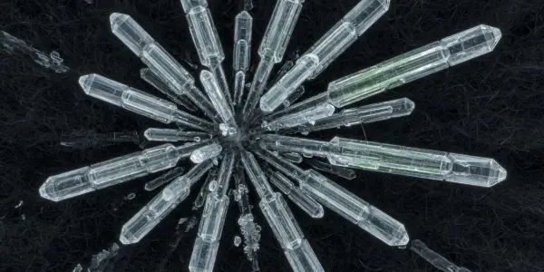 A radial burst of translucent, crystalline structures against a dark, textured background, illuminated with cool, bluish light.