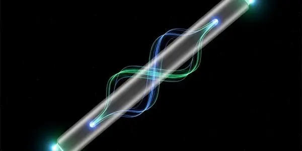 Topological nanowire with paired Majorana zero modes glowing at edges, stable phase loop visible