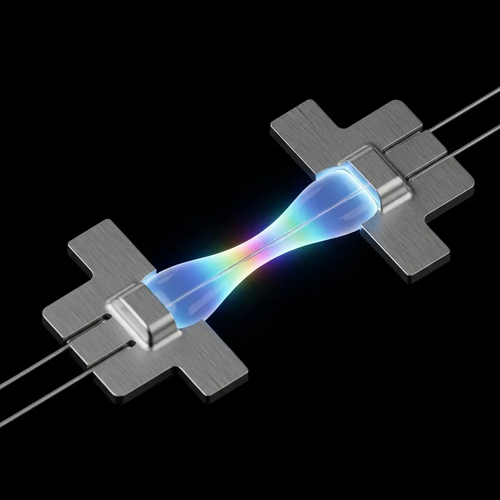 Nanowire device with visible superconducting gap glowing between contacts, electric gate field tuning spectral bands smoothly