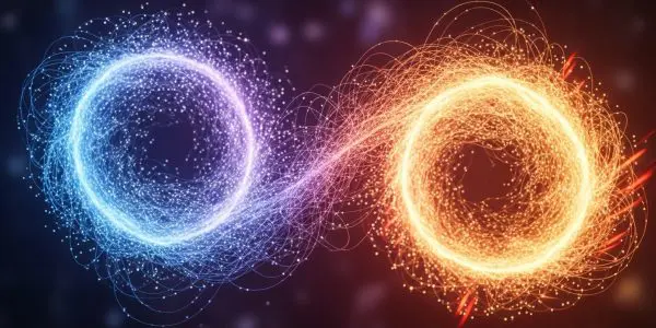 Two swirling particle vortices, blue and orange, forming an infinity shape of glowing dots