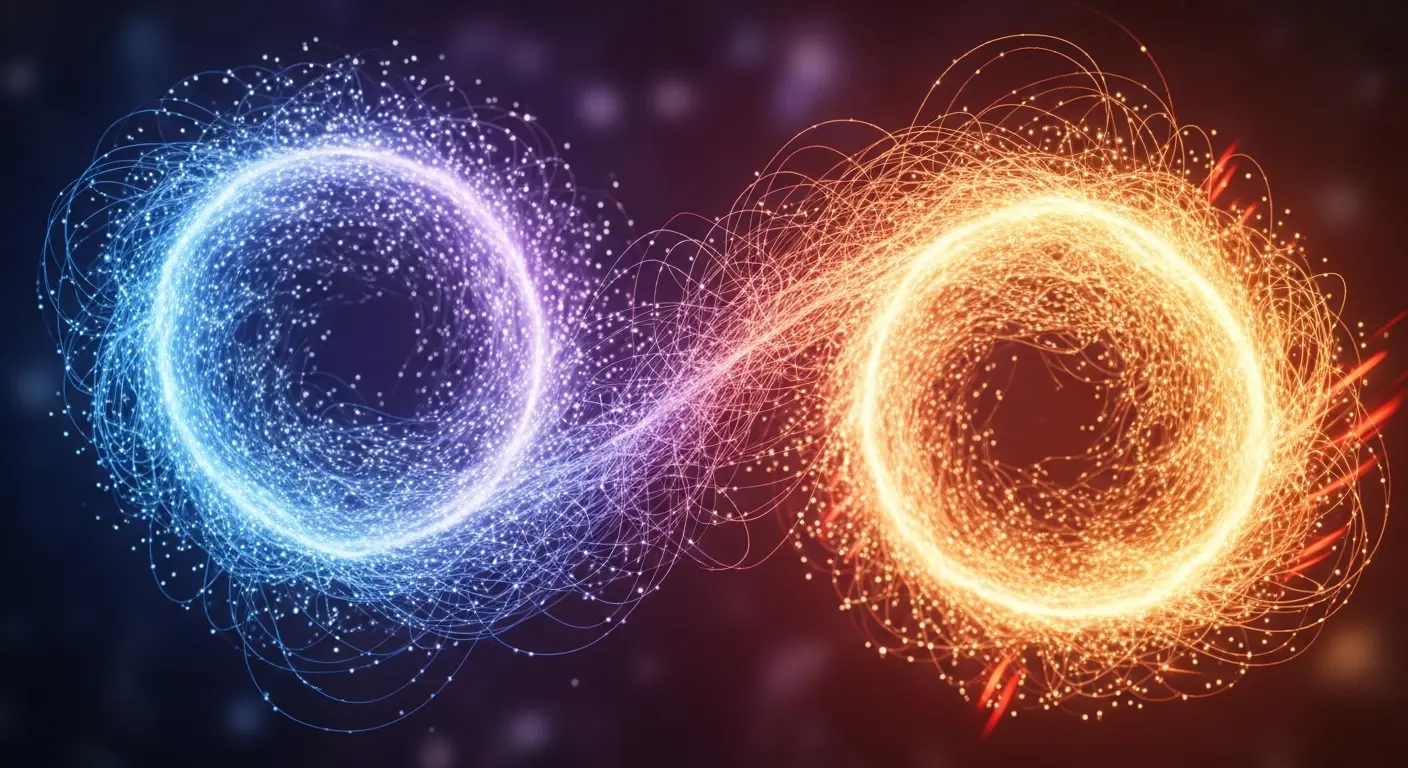 Two swirling particle vortices, blue and orange, forming an infinity shape of glowing dots