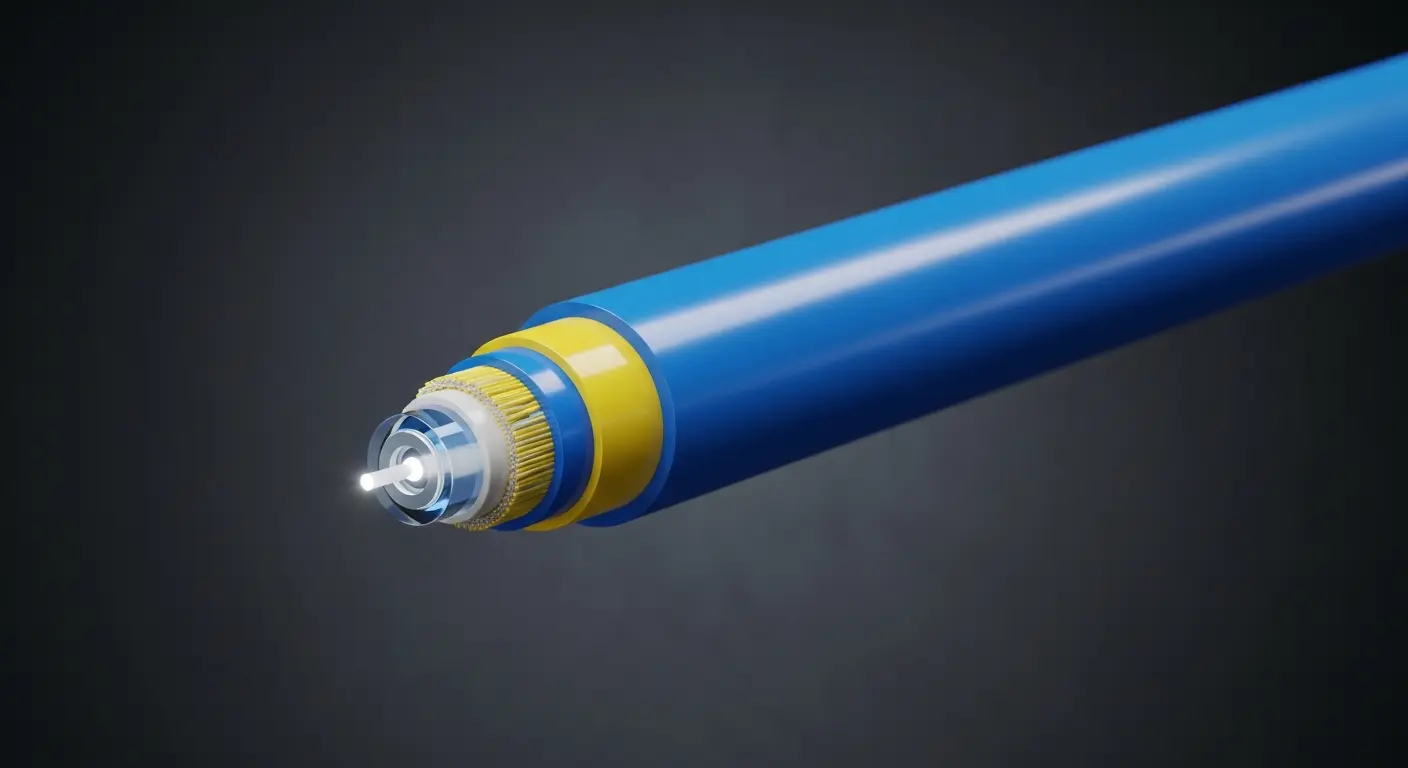 A blue optical fiber cable tip glowing with a beam of transmitted light on a dark background.