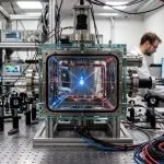 A complex apparatus with glowing internal components dominates a brightly lit laboratory, featuring silver, blue, and black tones.
