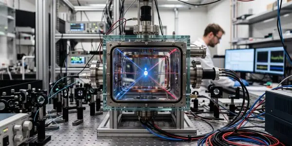 A complex apparatus with glowing internal components dominates a brightly lit laboratory, featuring silver, blue, and black tones.