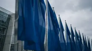 A row of unmarked blue flags outside an institutional building