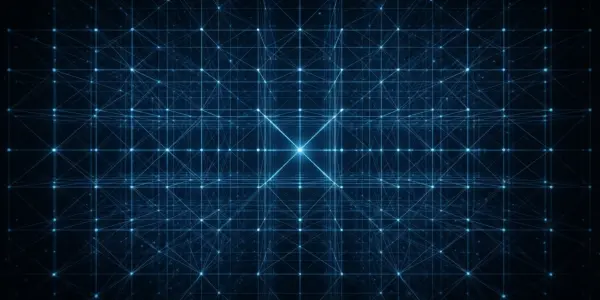 A glowing blue grid extends into the darkness, creating a futuristic, digital tunnel effect with bright central focus