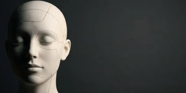 A featureless humanoid head in soft studio light