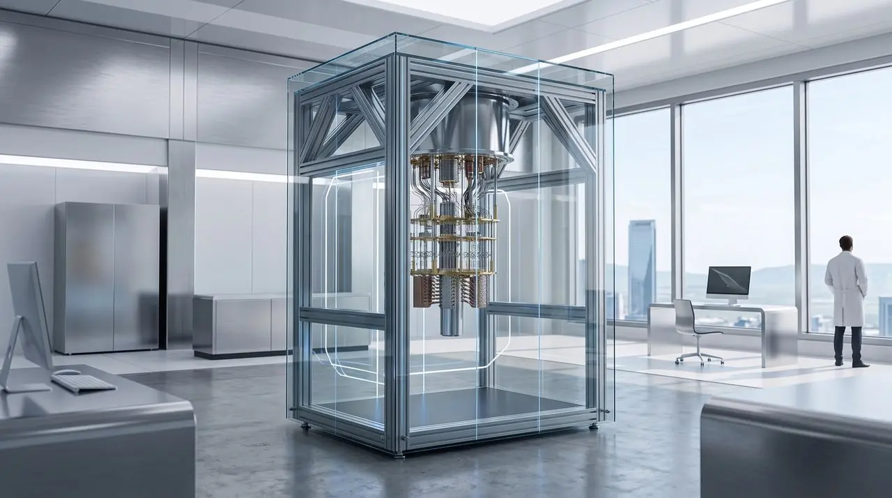 A quantum computer in a glass case in a modern office