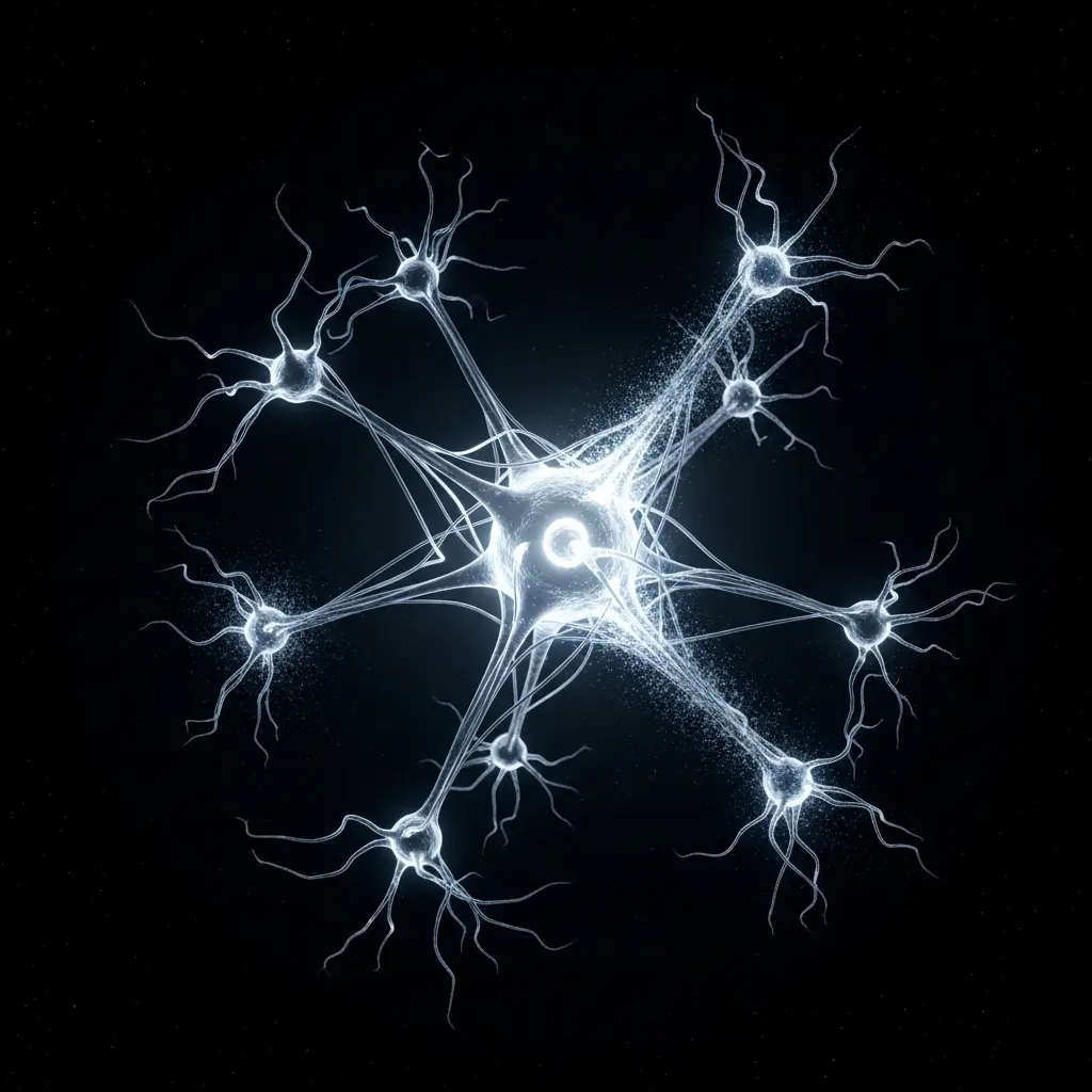 Compact neural network structure floating in deep black space, several peripheral nodes dissolving into soft particles as redundant pathways fade away, central core becoming brighter and more streamlined, clean flowing connections remaining intact, ultra sharp macro detail, cinematic scientific lighting, minimal render, strictly no text