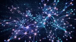 This abstract digital artwork depicts a complex network of interconnected nodes and lines against a dark background.