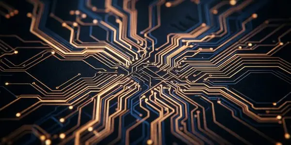 A dark background features a complex network of golden and blue circuit lines radiating from a central point, creating a futuristic aesthetic.