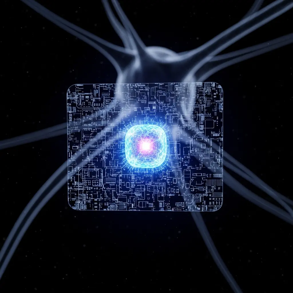 Compact glowing neural core generating a highly detailed image projection in front of it, larger faint neural structure fading into the background