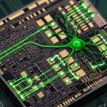 Concept illustration of a neuromorphic chip, with a glowing green neuron fused into the circuitry of a silicon processor die