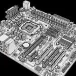 A detailed black-and-white line drawing of a computer motherboard with CPU socket and expansion slots.