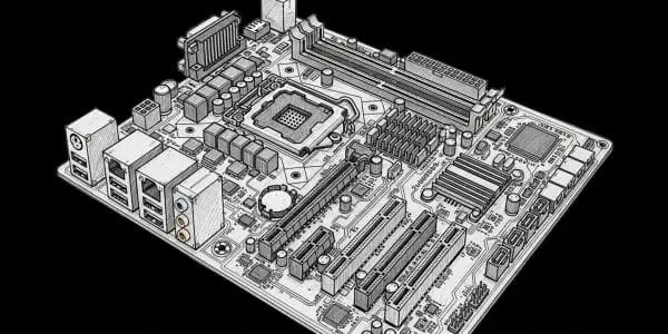 A detailed black-and-white line drawing of a computer motherboard with CPU socket and expansion slots.