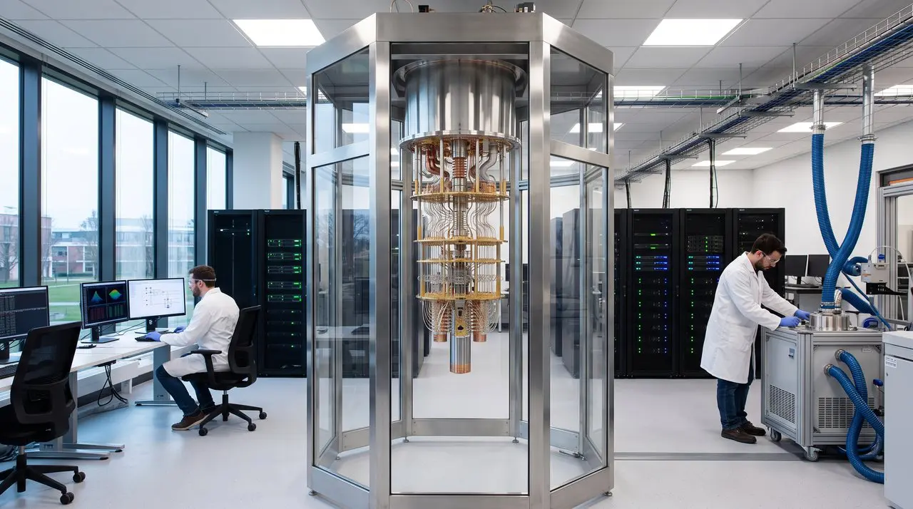 A bright, modern laboratory features a large cylindrical structure surrounded by computer servers and workstations