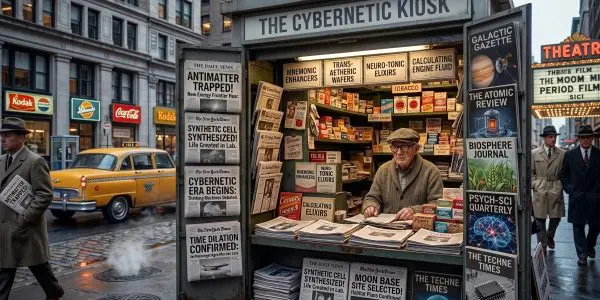 A futuristic kiosk displays various futuristic newspapers and magazines in a wet city street scene.