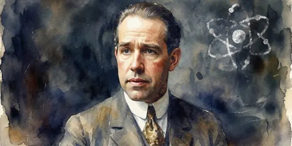 Watercolour portrait of Niels Bohr beside his atomic model