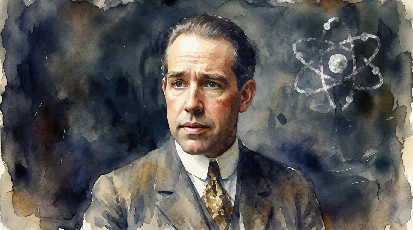 Watercolour portrait of Niels Bohr beside his atomic model