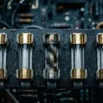 A close-up of vintage glass fuses in a dark, metallic electrical panel dominates the frame, using blues and golds