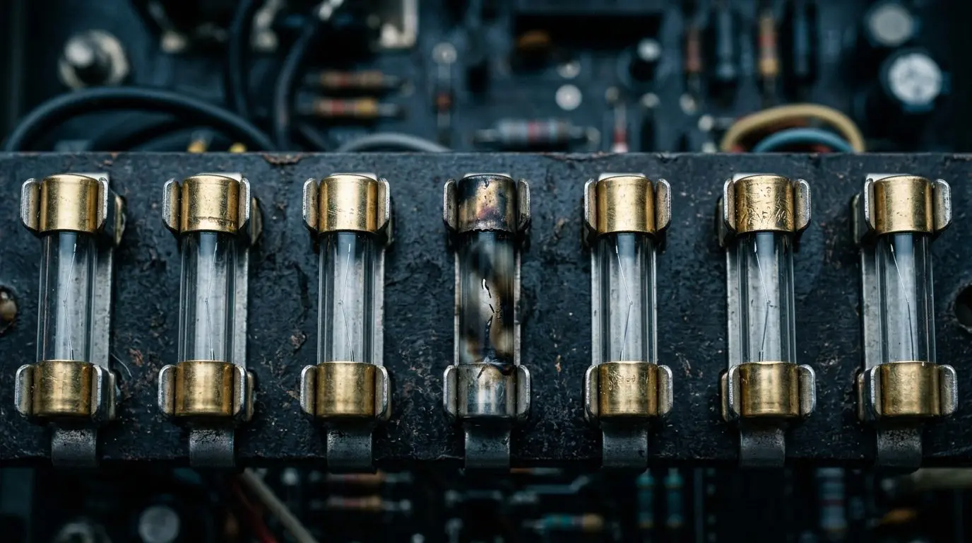 A close-up of vintage glass fuses in a dark, metallic electrical panel dominates the frame, using blues and golds