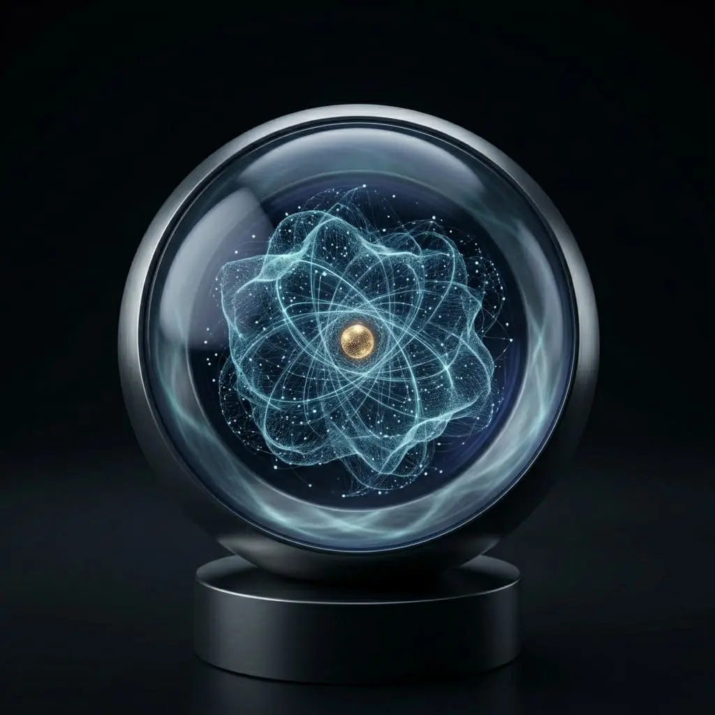Quantum orb device resting on a pedestal