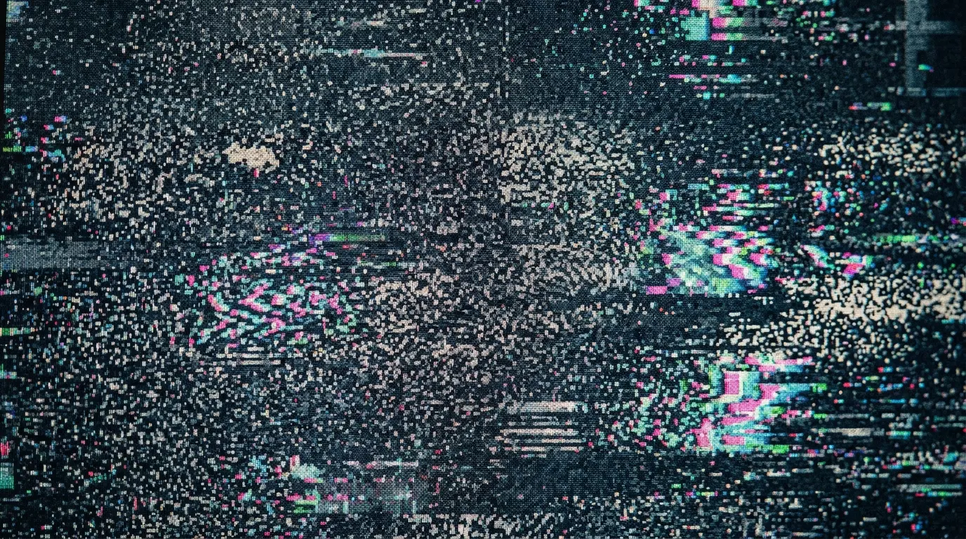 Digital signal breaking up into coloured static, standing for the noise that limits a NISQ quantum computer