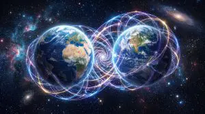 Two vibrant blue and green Earths are connected by swirling, luminous white lines against a dark, starry space background.
