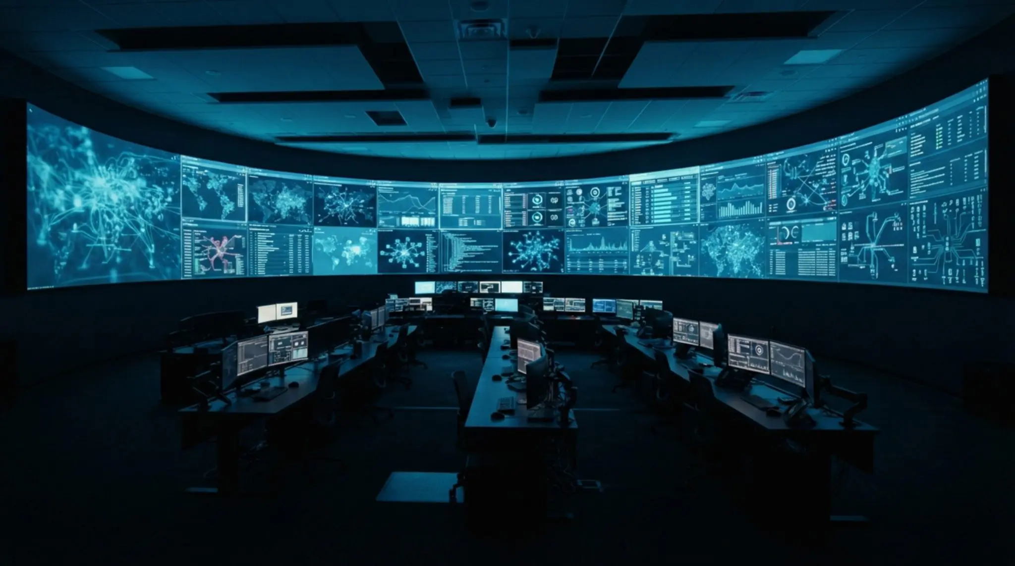 A darkened operations room facing a curved wall of monitoring displays