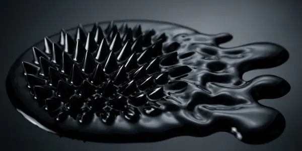 A dark, glossy surface with sharp spikes rising from it is set against a gradient grey background