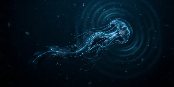 A glowing jellyfish trailing filaments in dark water