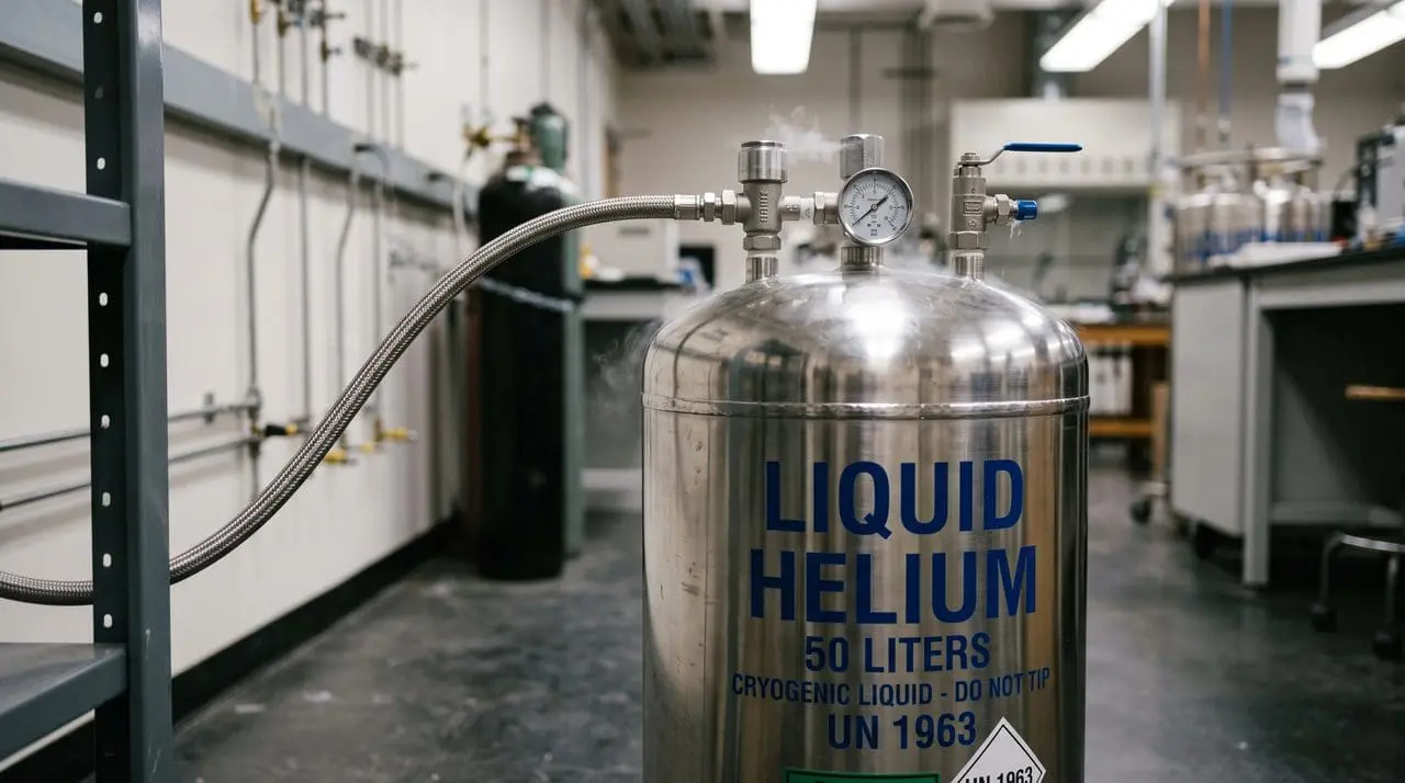 A silver cryogenic liquid helium tank with gauges sits on a laboratory bench, surrounded by stainless steel equipment.