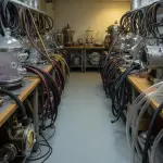A long laboratory corridor is lined with complex glass and metal apparatus, connected by many cables and pipes, in muted tones.