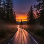 A wet winding road through pine forest leads toward a glowing orange sunset