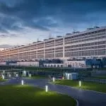 Industrial data-centre complex at dusk