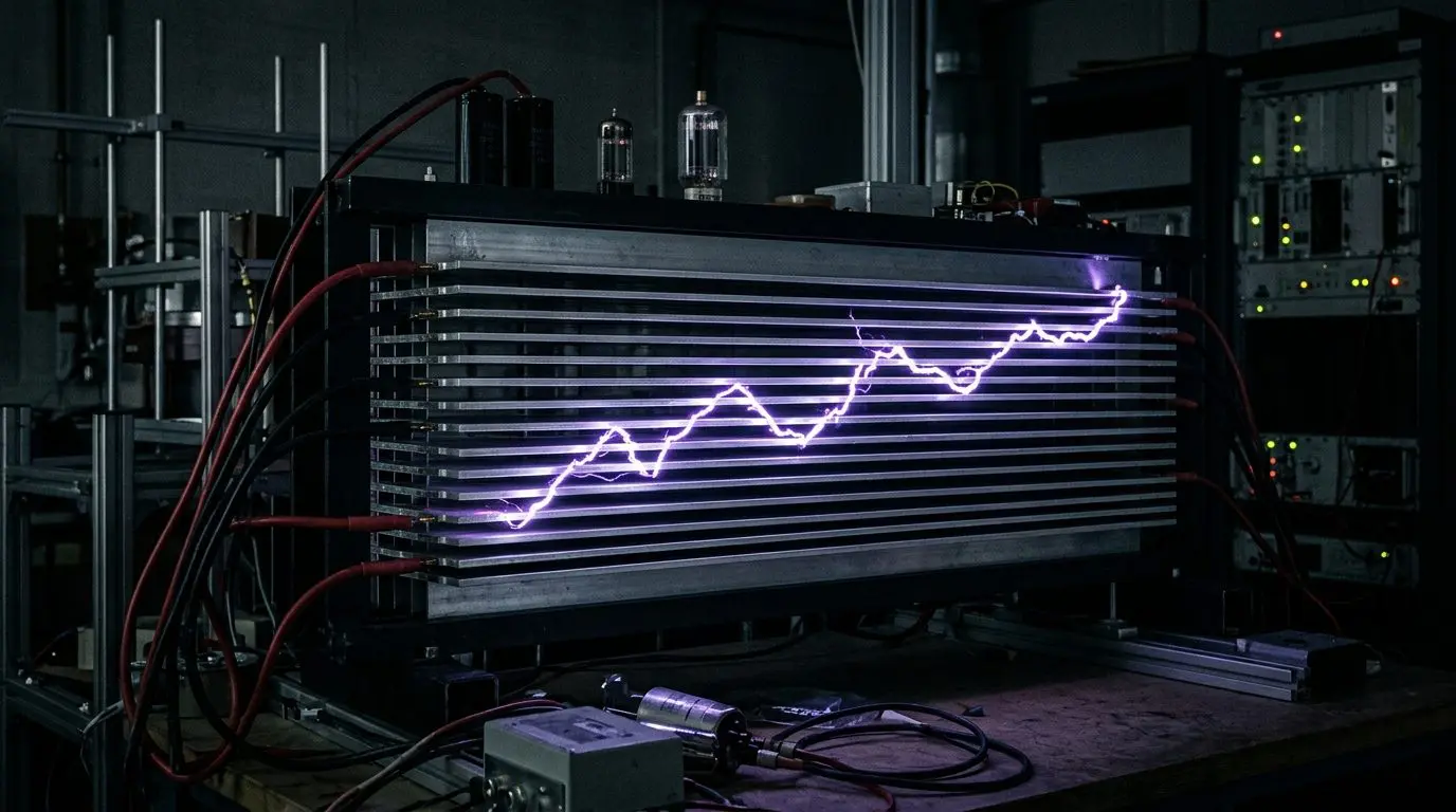 A zigzag spark track between stacked chamber plates