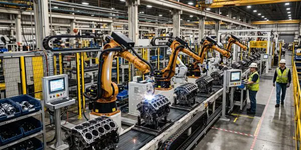 A robot arm working over engine blocks on a line