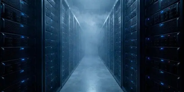 An aisle between two walls of dense server racks