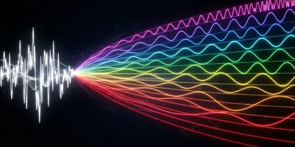 A white waveform fanning out into a rainbow of separated sine components