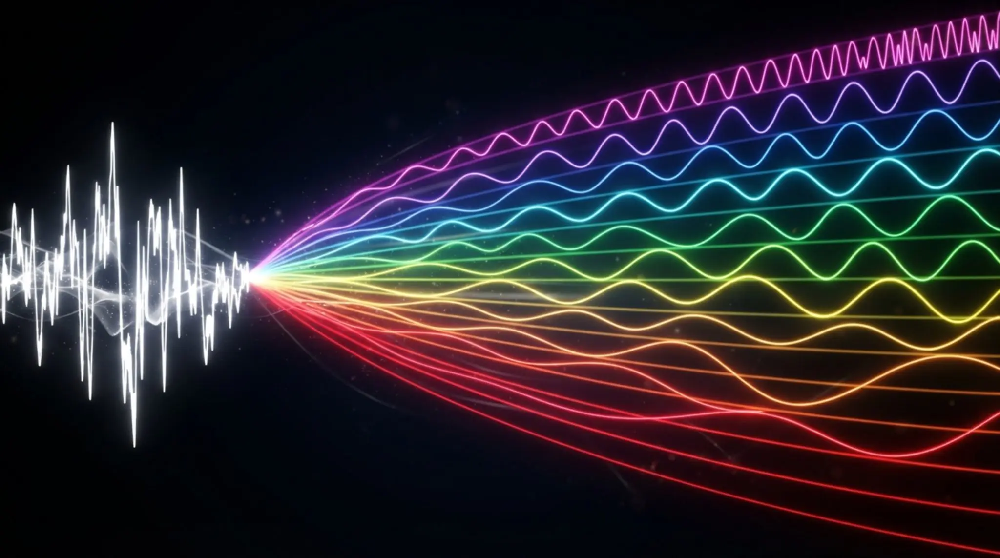 A white waveform fanning out into a rainbow of separated sine components